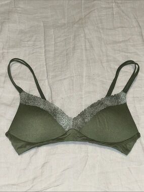 Aerie Real Sunnie Wireless Pushup Olive Green Lace Trim Bra